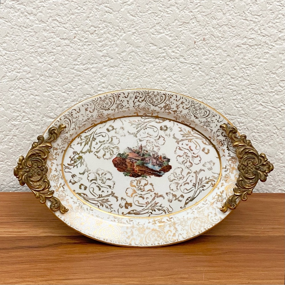 Vintage O.P. CO. Syracuse Gold Plated 22K Caged Oval Ornate Footed Dish